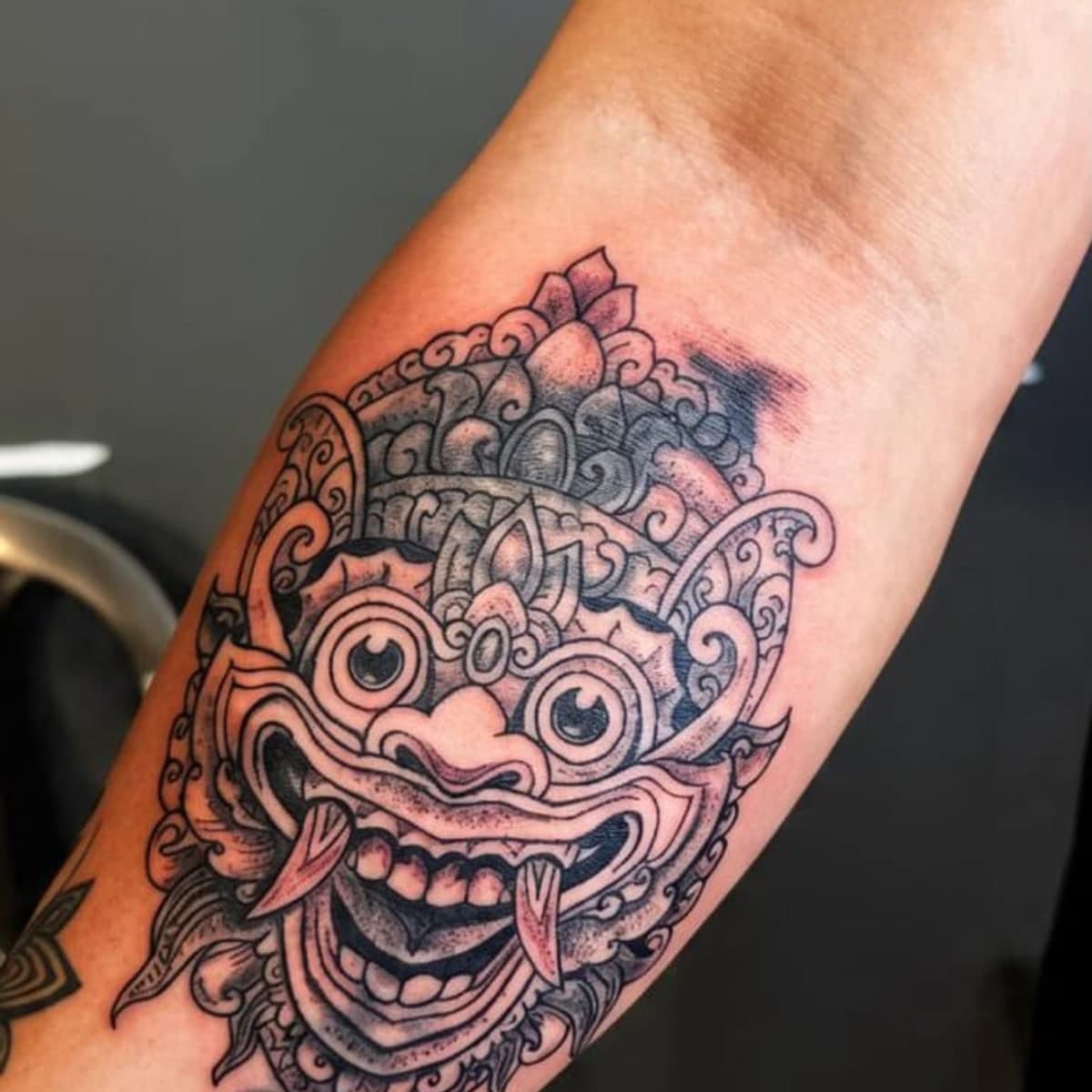 Balinese Barong demon mask in dotwork and fine line