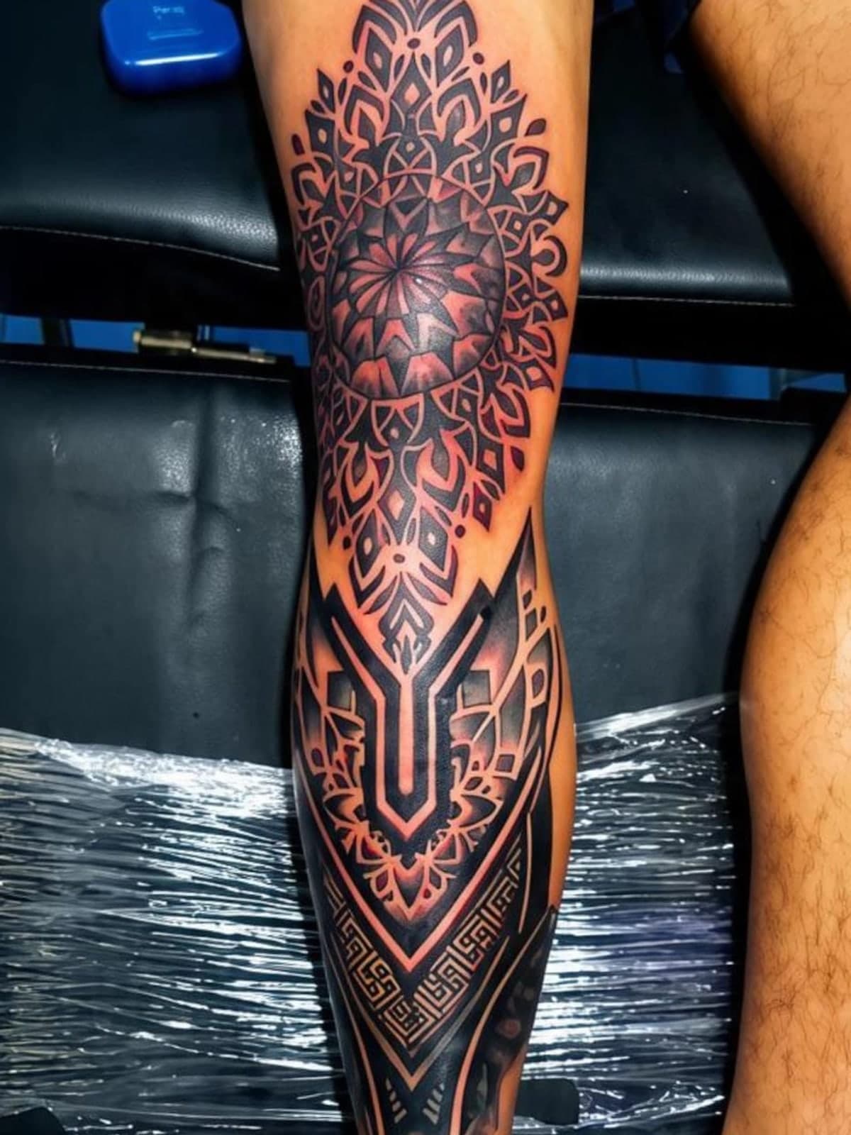 Mandala leg sleeve with radial linework